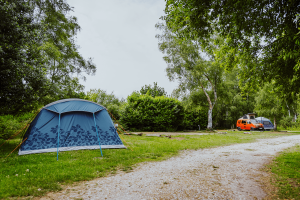 Pitched up at Burnbake, blue tent outside